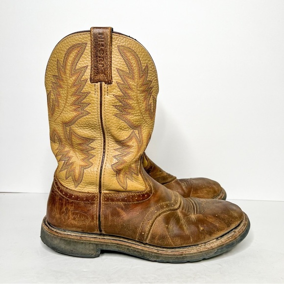 Justin Boots Brown Tan Leather Western Cowboy Boots Size 10 Decorative Stitching - Picture 2 of 6